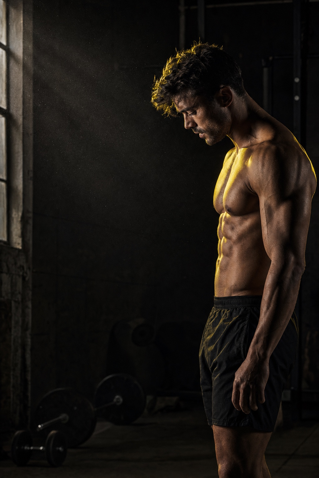Athlete training in a moody urban gym